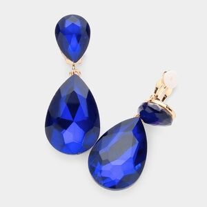 Blue Dangle Crystal Clip On Earrings 2 Inches Double Tear Drop ClipOns Jewelry
